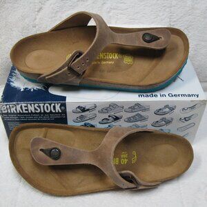 Birkenstock GIZEH Waxy Leather Tobacco Brown w/ Aqua Sole. 40 R US W 9 M 7